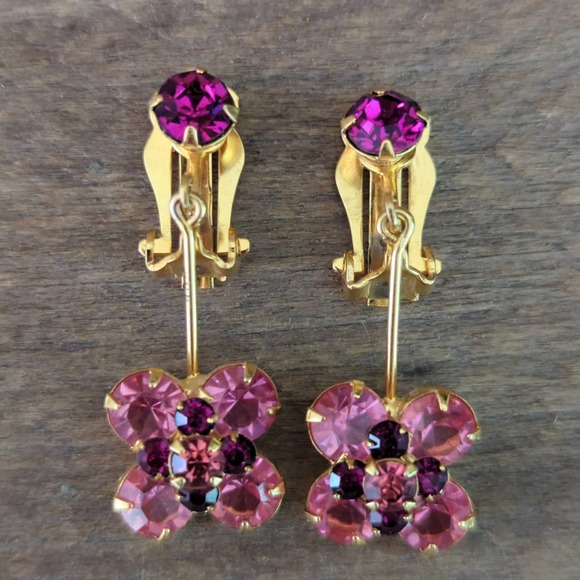 Pink Rhinestone Drop Clip-on Dangle Earrings - Picture 8 of 8